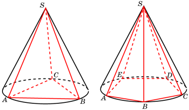 The pyramid is inscribed in a cone. The cone is described near the pyramid.